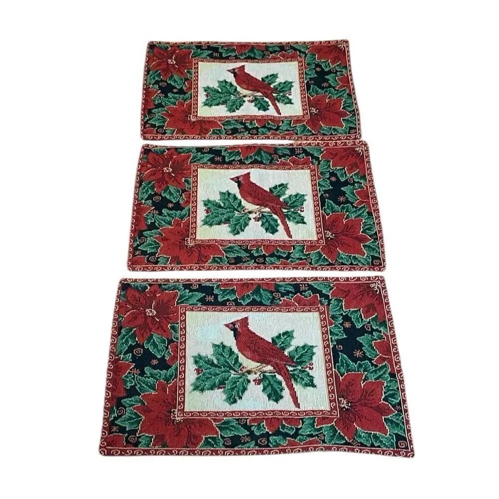 Cardinal Placemats, Vintage Christmas, set of 3, woven, Red Holiday, table mats
